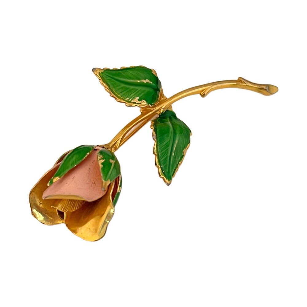 Vintage 1980s Rose Brooch Signed Giovanni Pink Green Enamel Gold Tone - 1K